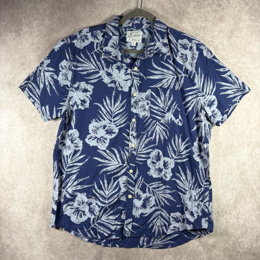 Lucky Brand Button Down Mens Large Blue Floral Hibiscus Tropical Short‎ Sleeve